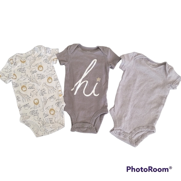 Carter's 3 Piece Onesie Bundle Hi, Zoo Animal Print, Striped Gray White 3 months - Picture 1 of 8